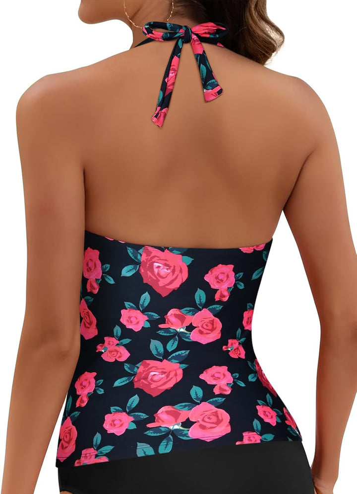 Hilor Women's Plunging V Neck Halter Swim Tops Shirred Tankini Top New Version Red Rose 12