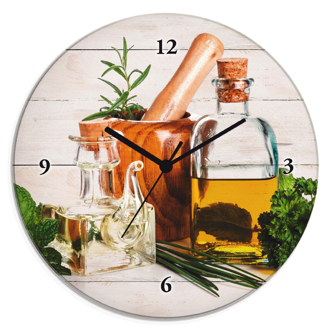 ARTLAND Wanduhr ohne Tickgeräusche Glas Quarzuhr Ø 30 cm Rund Lautlos Kräuter Gewürze Olivenöl Holzo