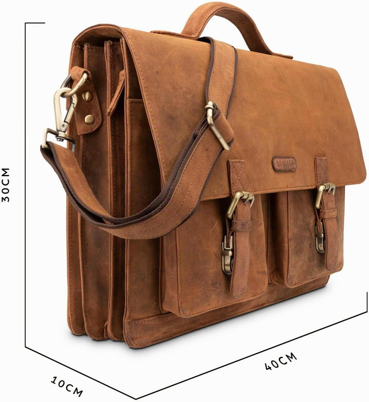 LEABAGS Leder Aktentasche Herren &amp; Damen I Echtleder Laptoptasche bis 15 Zoll I Umhängetasche mit Sc