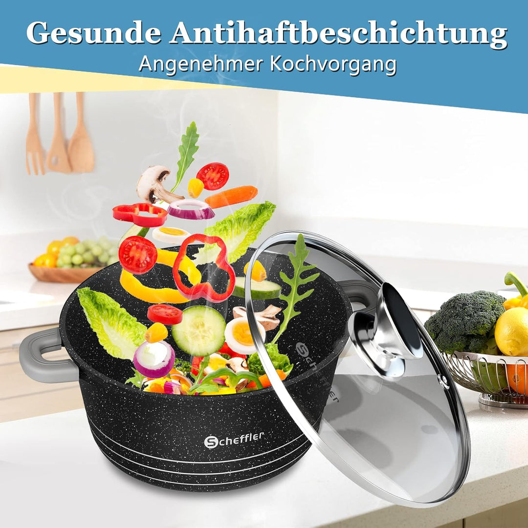 Scheffler Topfset mit Glasdeckel, 24cm,4L/28cm,6L/32cm,10L, Kochtopf Set Induktions Töpfe Set, mit A