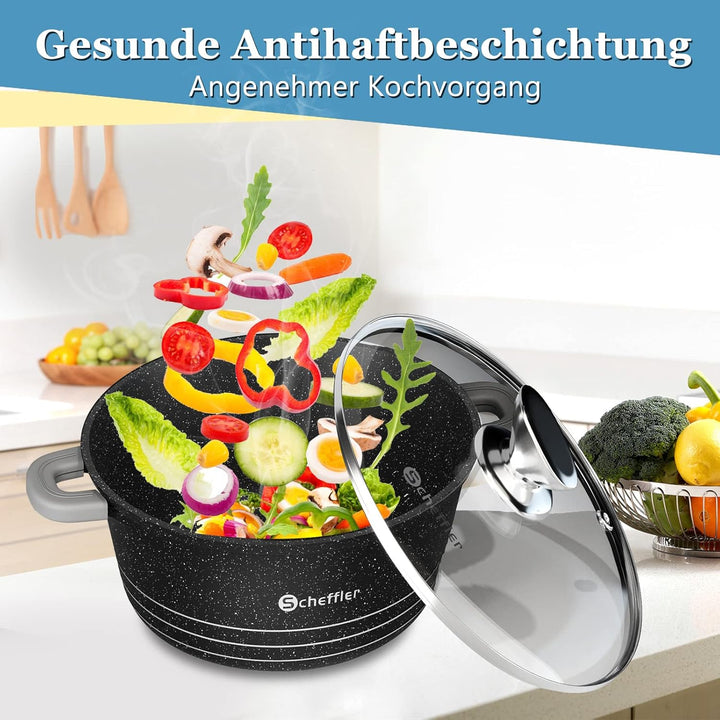 Scheffler Topfset mit Glasdeckel, 28cm,6L/32cm,10L, /36cm,14L, Kochtopf Set Induktions Töpfe Set, mi