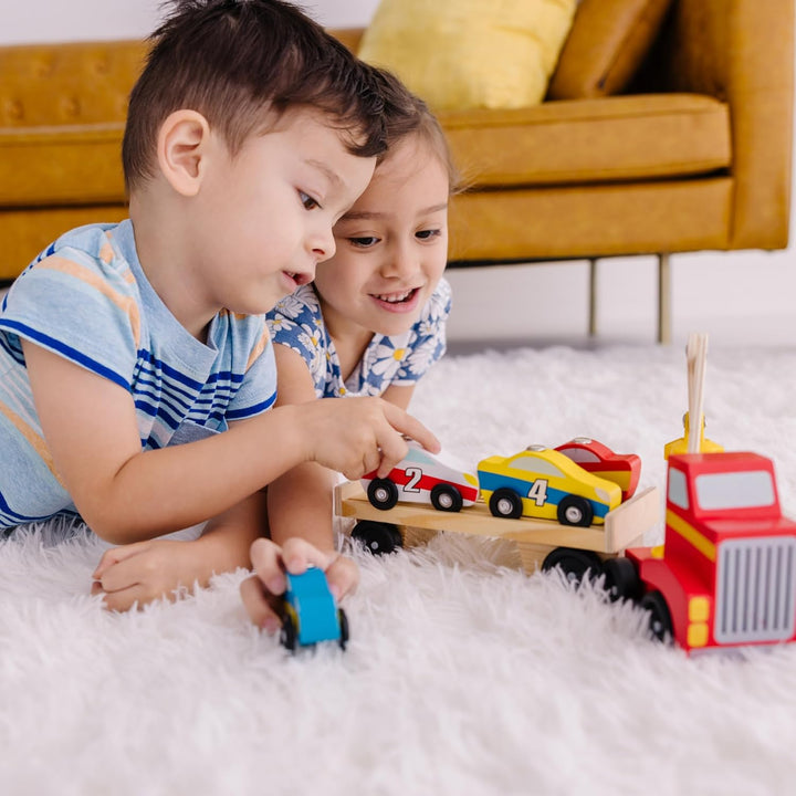 Melissa & Doug - Magnetisches Autotransporter-Spielzeugset aus Holz – (Autos & Lkws, 4 Autos und 1 L