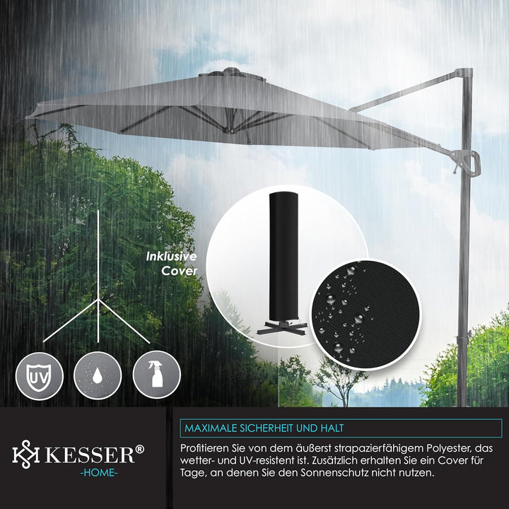 KESSER® Sonnenschirm Ampelschirm Sun Rund XL Ø330 cm Inkl. Abdeckung + Windsicherung 7-Fach Verstell
