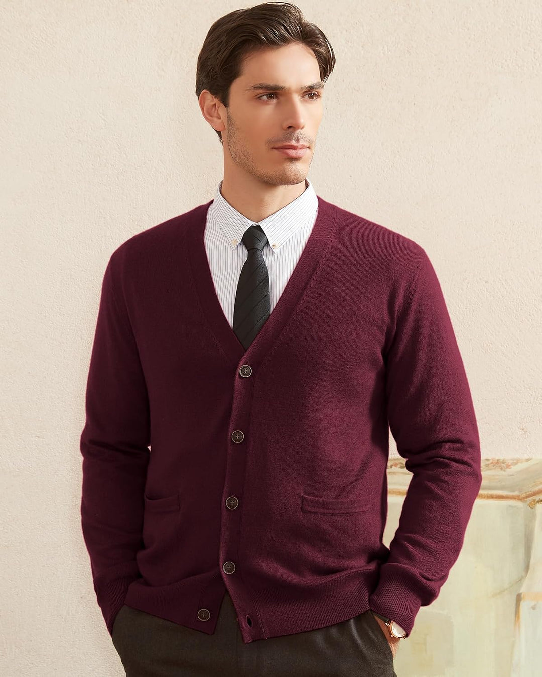 Kallspin Herren Strickjacke aus Wollmischung V-Ausschnitt Cardigan mit Knopfverschluss und Taschen B