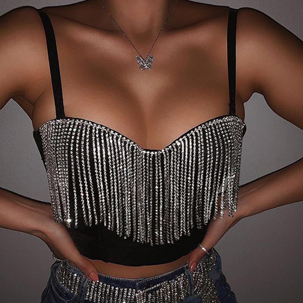 Naimo Damen Sexy Strass Quaste Bustier Push Up Crop Top Korsett BH Glitzer Diamant Tank Top Weste Pa