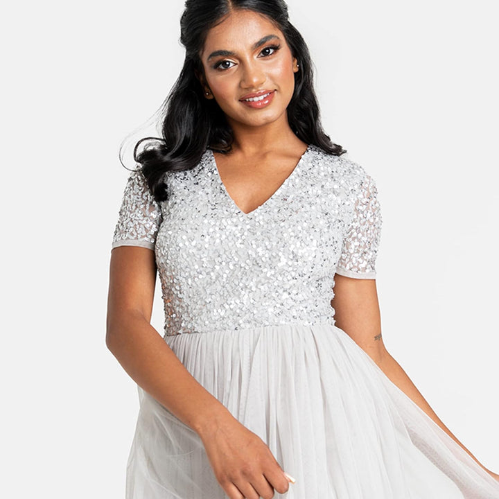 Maya Deluxe Abendkleid mit Pailletten Cocktailkleid Damen mit V-Ausschnitt Tüllkleid Soft Grey 36, S