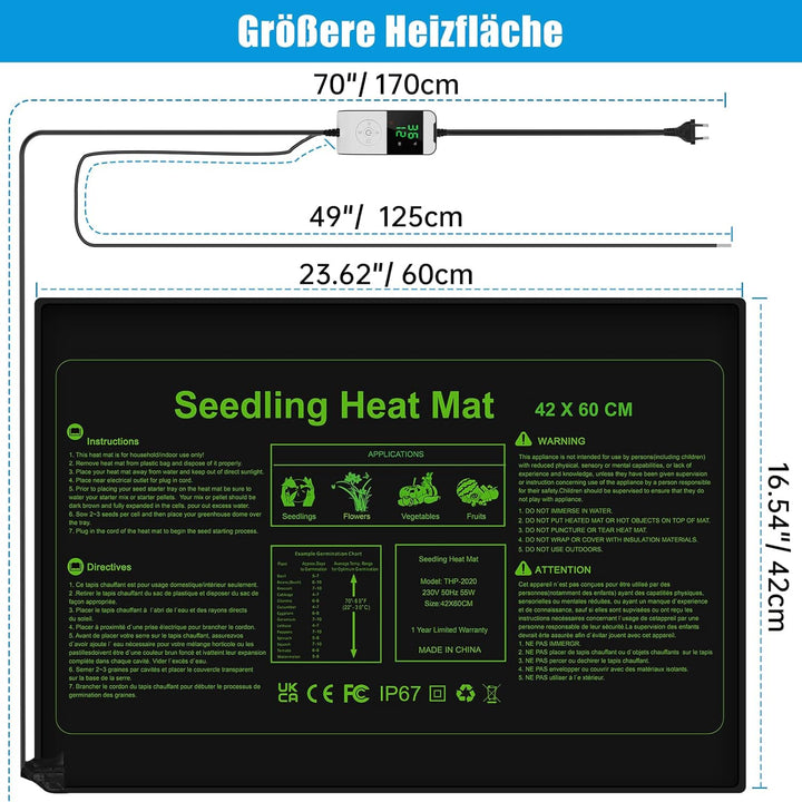 WADEO Heizmatte für Pflanzen gross, 55 w Sämlinge Heizmatte Wärmematte mit Thermostat 5°C bis 45°C,