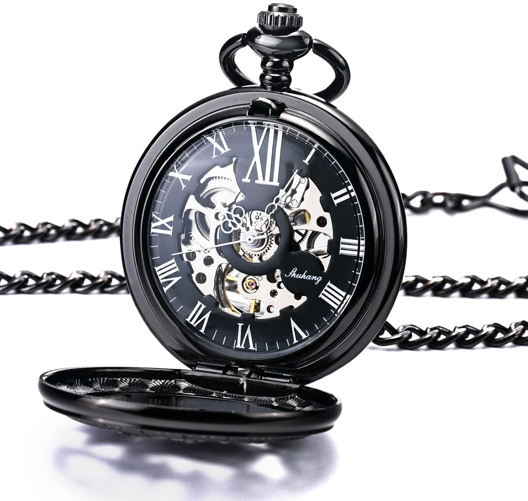 Treeweto Vintage Taschenuhr, mechanisch, doppelter Abdeckung, hohles Gehäuse, Skelett, Steampunk, Hi