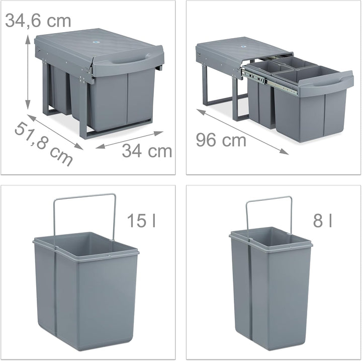 Relaxdays Einbaumülleimer 3-fach, ausziehbar, Küchenmülleimer für Unterschrank, 15 l &amp; 2x 8 l, 34,6