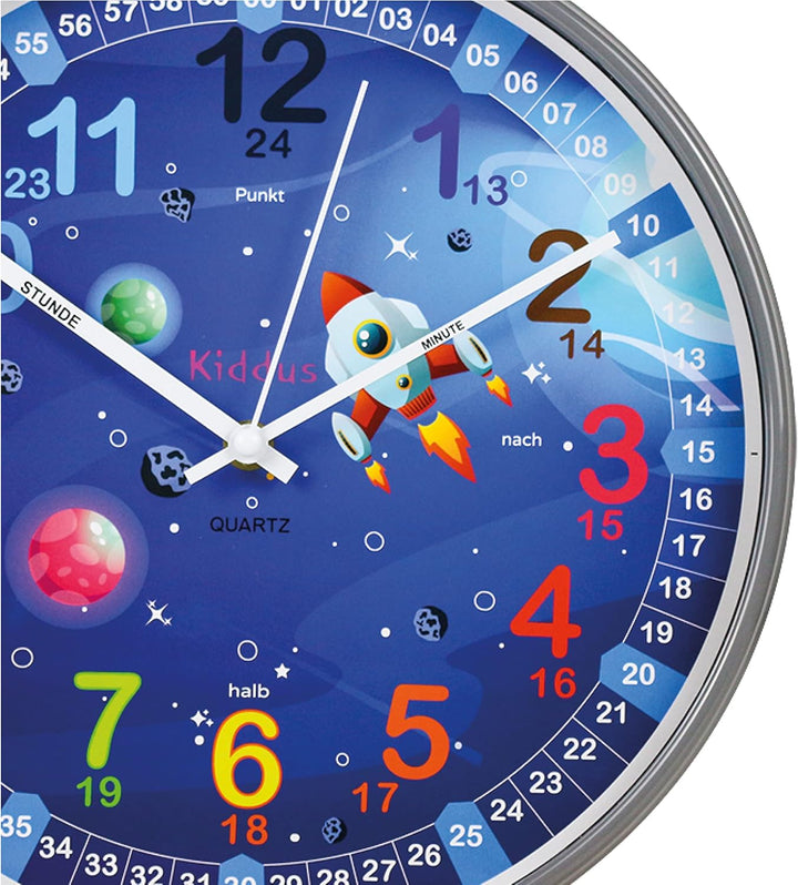 Kiddus Kinder Wanduhr, Jungen und Mädchen, Analoger Lernuhr mit Zeitlernübungen, Kinderwanduhr Ohne