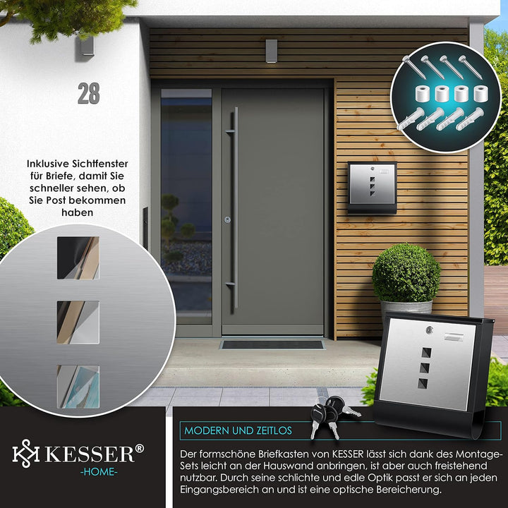 KESSER® Briefkasten Edelstahl mit Zeitungsfach Namensschild, Sichtfenster, gebürstet, 3X Schlüssel a