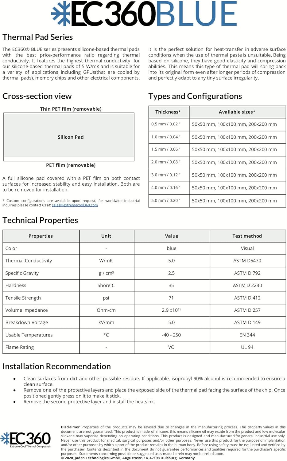 EC360® Blue 5W/mK Wärmeleitpad (200 x 200 x 4,0 mm), 200 x 200 x 4,0 mm