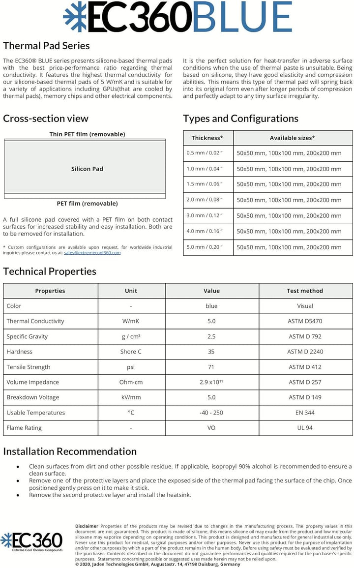 EC360® Blue 5W/mK Wärmeleitpad (200 x 200 x 4,0 mm), 200 x 200 x 4,0 mm