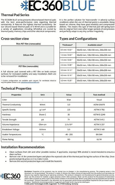 EC360® Blue 5W/mK Wärmeleitpad (200 x 200 x 4,0 mm), 200 x 200 x 4,0 mm