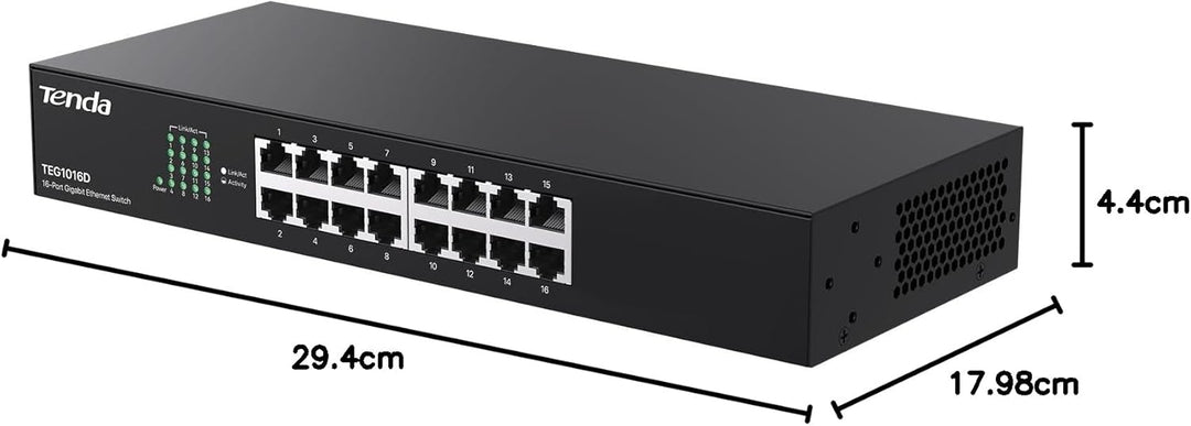 Tenda TEG1016D Gigabit Switch 16 Port 19 Zoll Rackeinbau Netzwerk Switch (Plug-und-Play, 32Gbit/s Sw