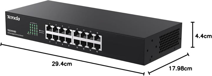 Tenda TEG1016D Gigabit Switch 16 Port 19 Zoll Rackeinbau Netzwerk Switch (Plug-und-Play, 32Gbit/s Sw