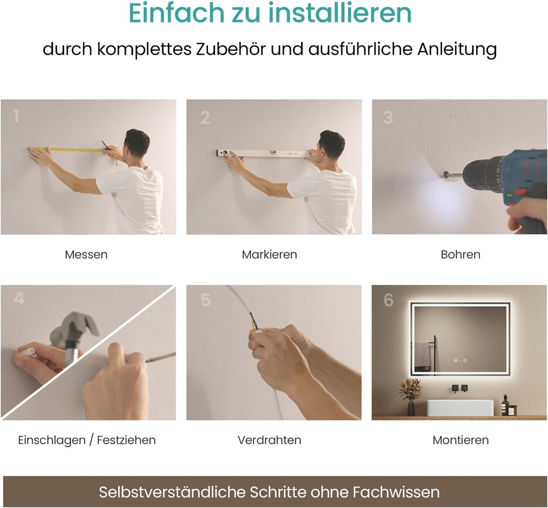 EMKE LED Badspiegel 70x50 cm mit Bewegungssensor, 3 dimmbare Lichtfarben, beschlagfrei, Touch, autom