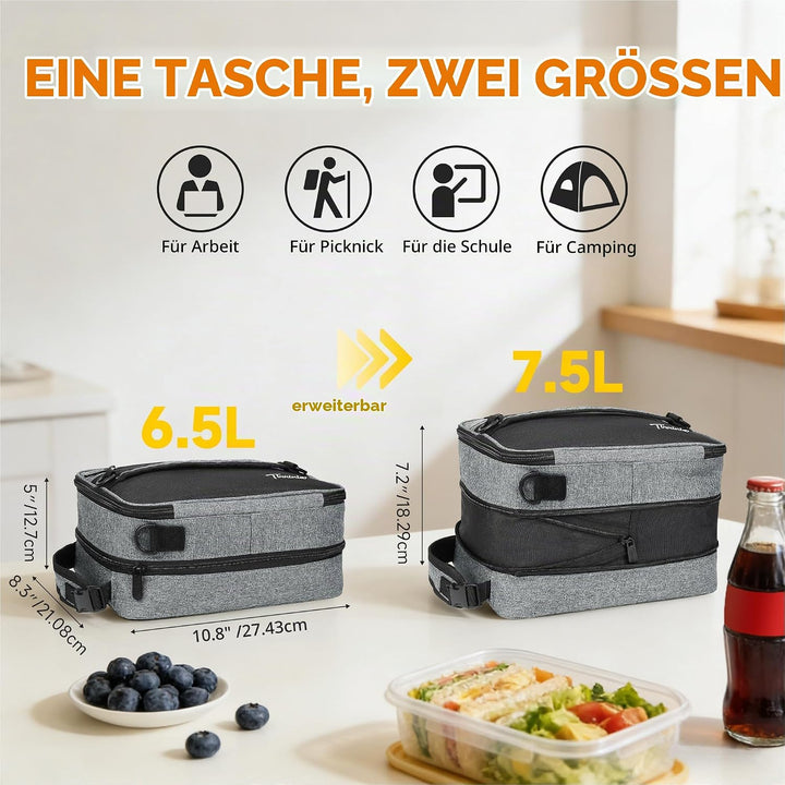 Kato Tirrinia Erweiterbare Kühltasche, Isolierte 9,5L(18 Dosen) Lunchtasche Klein für Unterwegs Arbe