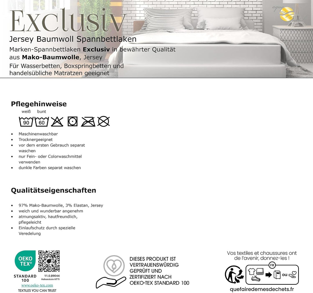 aqua-textil Exclusiv Spannbettlaken 90x200-100x220 cm Schnee weiss Jersey Baumwolle 230g/qm Spannbet