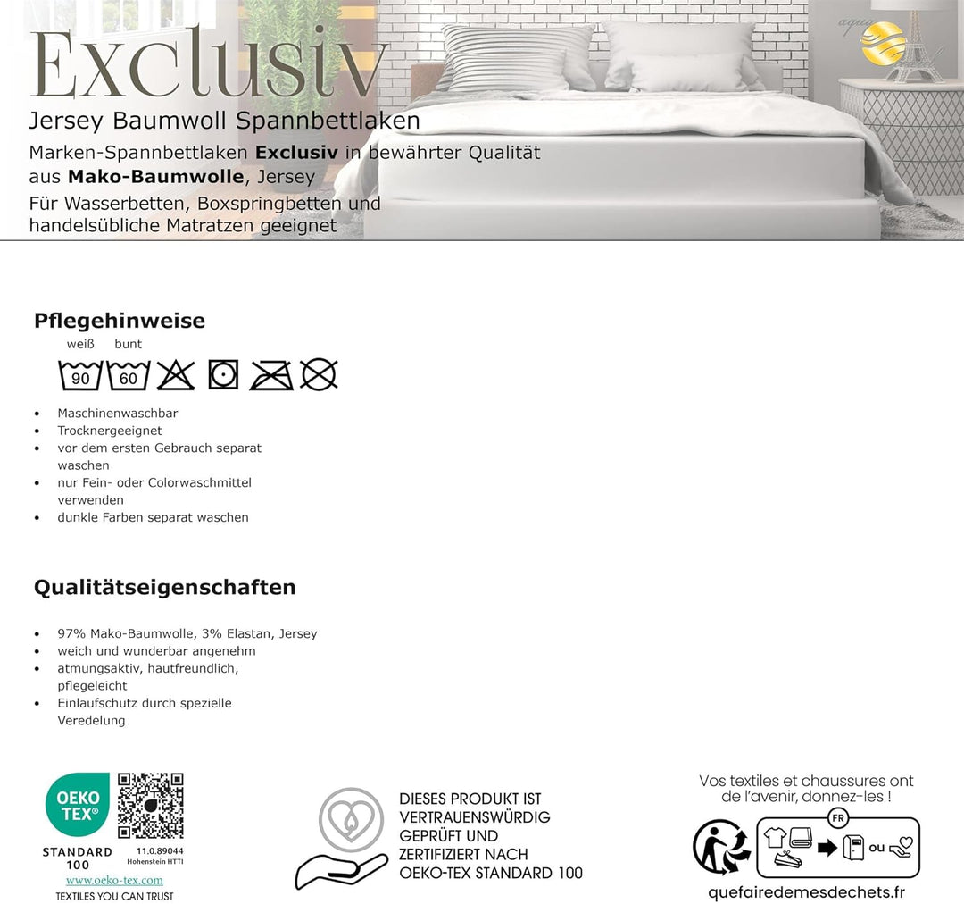 aqua-textil Exclusiv Spannbettlaken 180x200-200x220 cm Silber grau Jersey Baumwolle 230g/qm Spannbet
