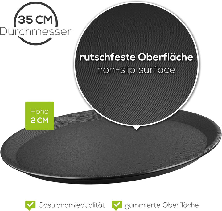 2X WELLGRO Kellnertablett Schwarz Ø 35 cm – Rutschfestes Serviertablett, Antirutsch, hoher Rand, Gas