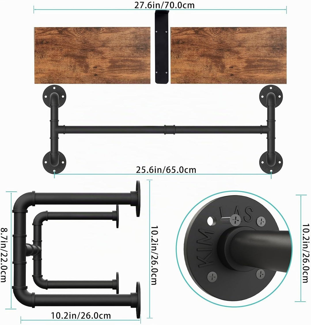 Yawinhe Industrielle Wandgarderobe mit Ablage, Kleiderstange zur Wandmontage, Garderobe Wandregal, G