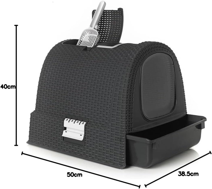 Curver 2068961 petlife Katzentoilette mit Deckel, Katzenklo inklusive Schaufel, moderne Rattangeflec