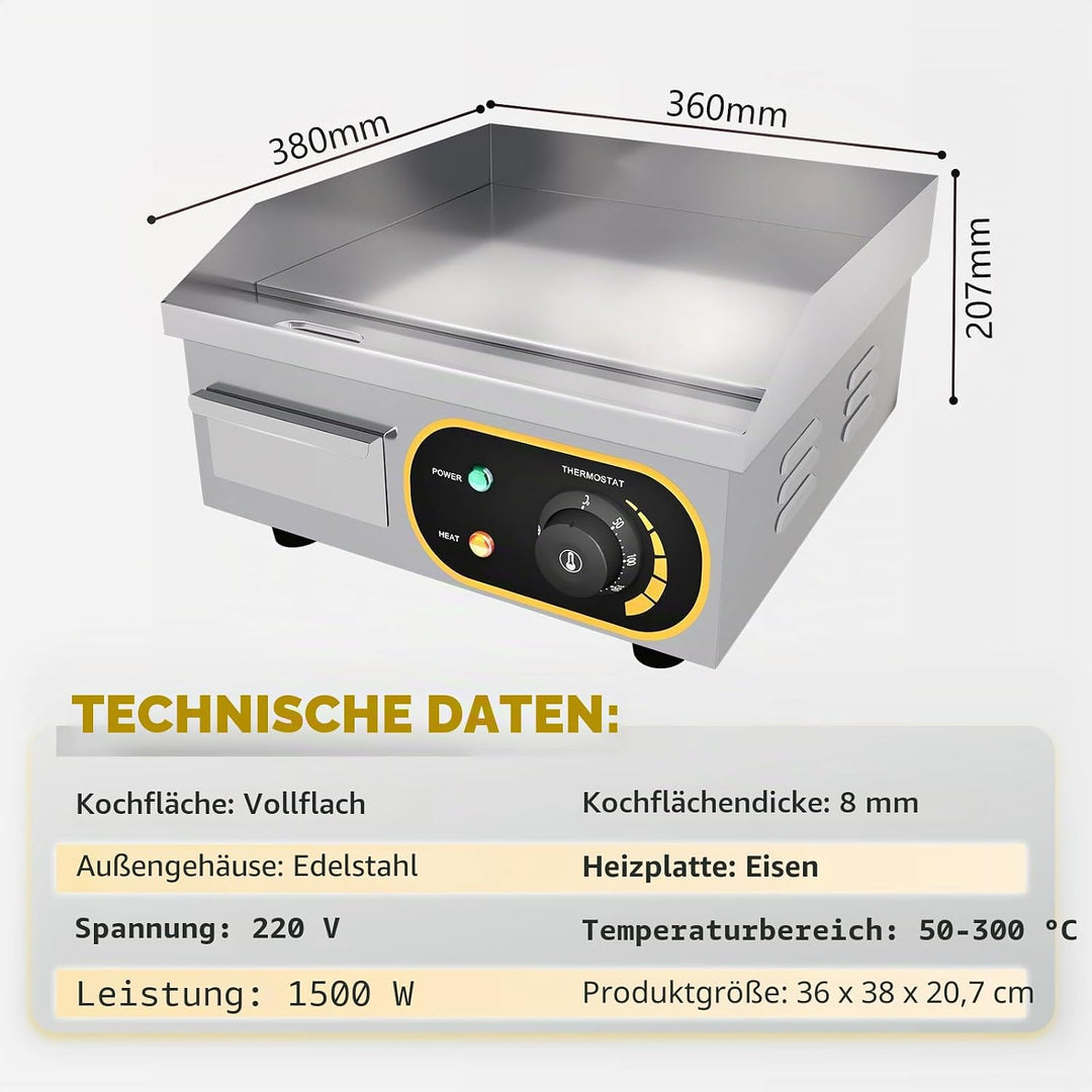 Grillplatte Elektrisch, Profi Gastro Elektrogrill Elektrische Grillplatte Tischgrill mit 36 x 30 cm