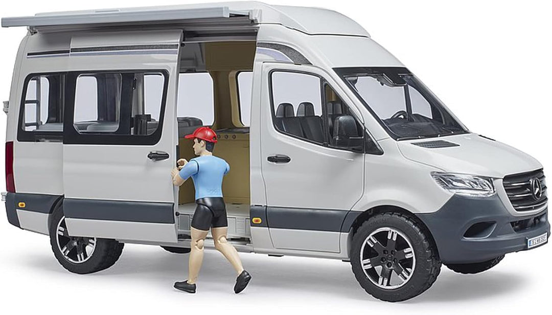 bruder 02672 - Mercedes-Benz Sprinter Camper mit Fahrer, Camping-Set, Geschirr - Wohnmobil Reisemobi