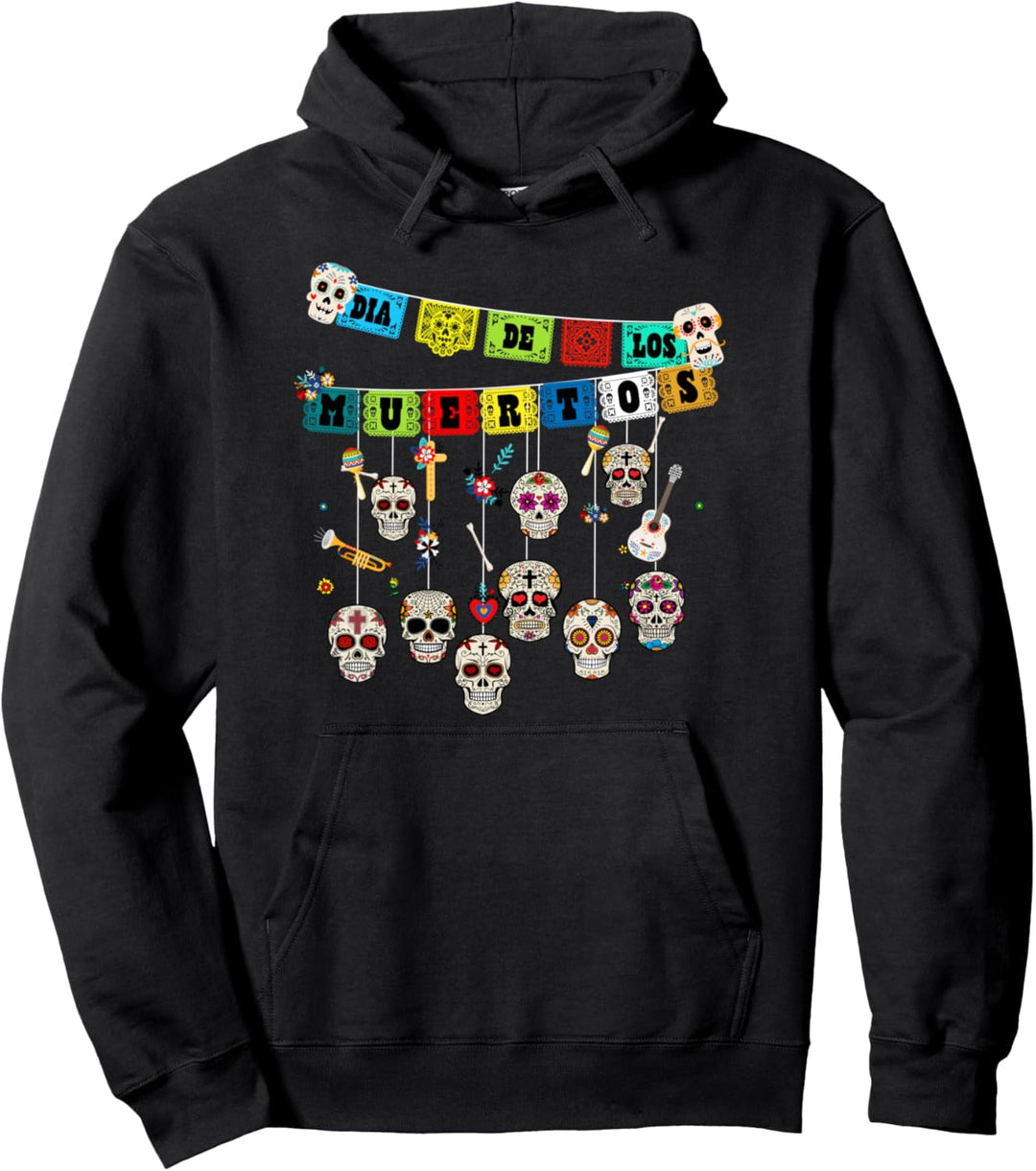 Dia De Los Muertos Papel Picado Banner Hanging Sugar Skulls Pullover Hoodie