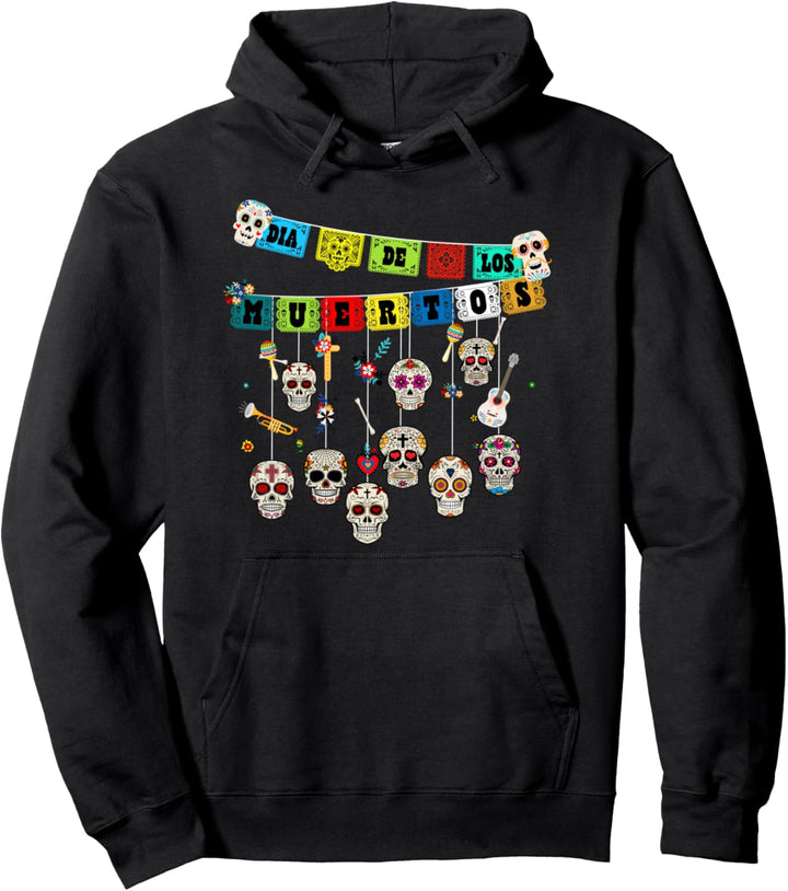 Dia De Los Muertos Papel Picado Banner Hanging Sugar Skulls Pullover Hoodie