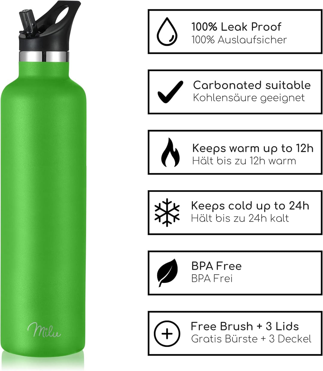 Milu Edelstahl Trinkflasche 500ml 750ml 1000ml (+3 Deckel) Thermosflasche mit Strohhalm, Isolierte W