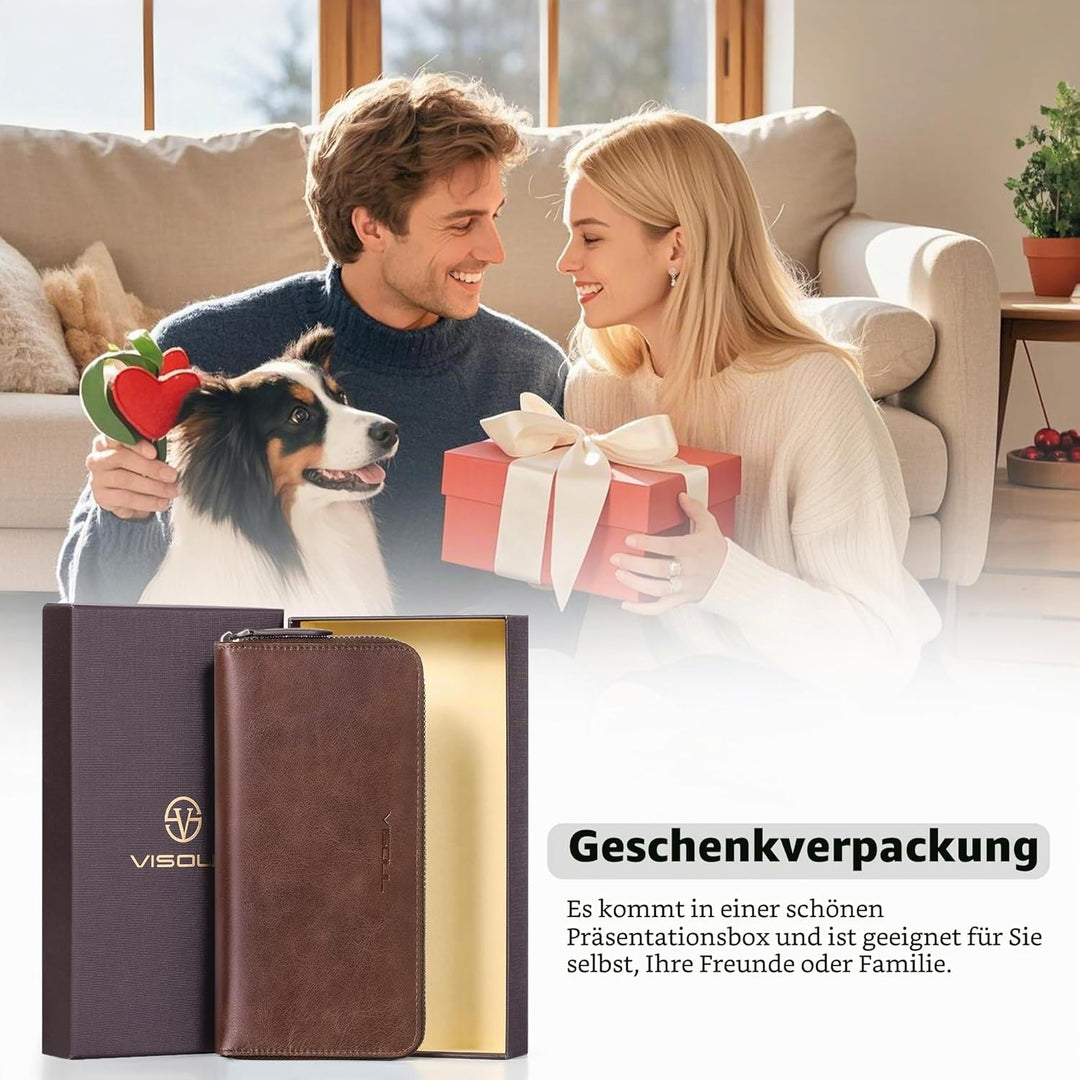 VISOUL Geldbörse aus echtem Leder, lange Geldbörse mit Reissverschluss, für Herren, mit RFID-Blockie
