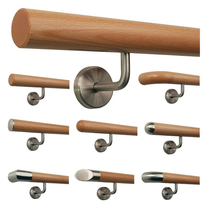 TIBU Buche Geländer Handlauf Treppe Holz Griff gew. Edelstahlhalter, Länge 30-500 cm aus einem Stück