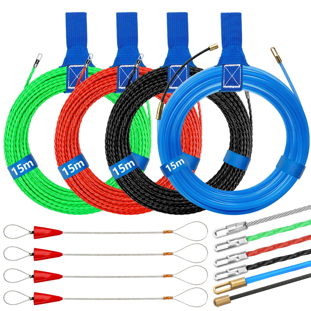 4 Stück Kabeleinziehhilfe 15m, Einziehspirale Zugdraht mit 8 Führungsfeder, Einziehband φ3 mm, Kabel