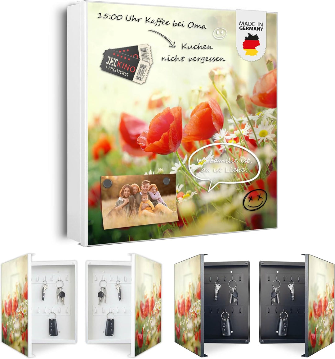banjado® Grosser Schlüsselkasten Glas/Schlüsselbox 30cm x 30cm mit 50 Haken - Motiv Kamille Und Mohn