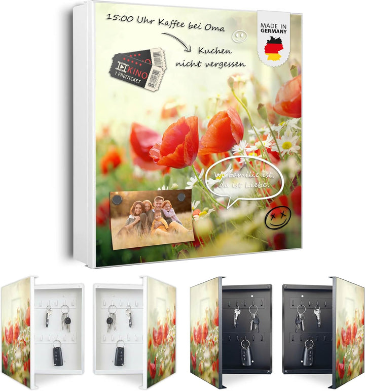 banjado® Grosser Schlüsselkasten Glas/Schlüsselbox 30cm x 30cm mit 50 Haken - Motiv Kamille Und Mohn
