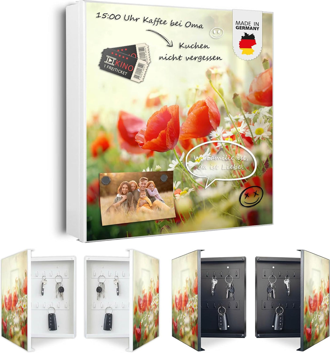 banjado® Grosser Schlüsselkasten Glas/Schlüsselbox 30cm x 30cm mit 50 Haken - Motiv Kamille Und Mohn