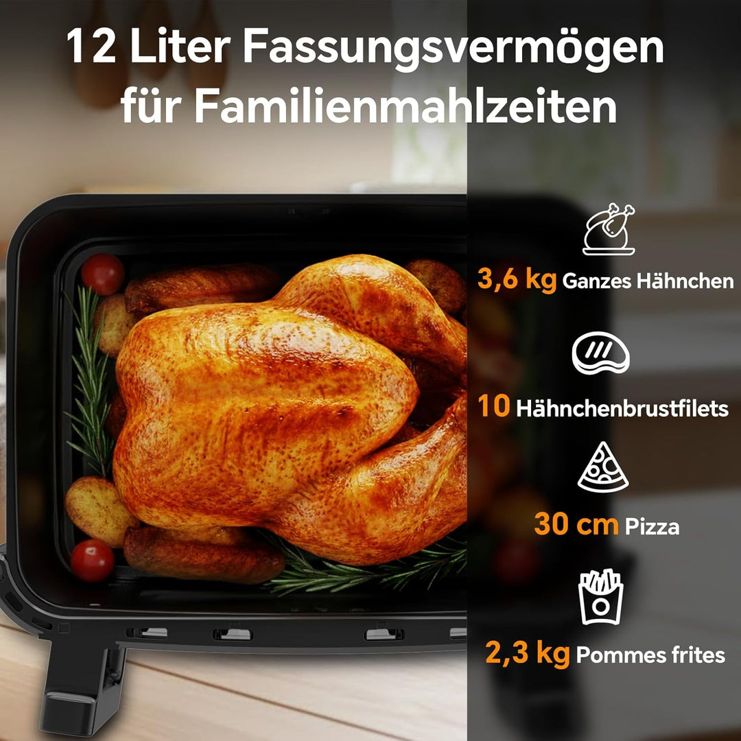 Emphsism Heissluftfritteuse 12L XXL - Airfryer 2 Kammern Variable Flex-Zone, Separate Temper 200 Gra