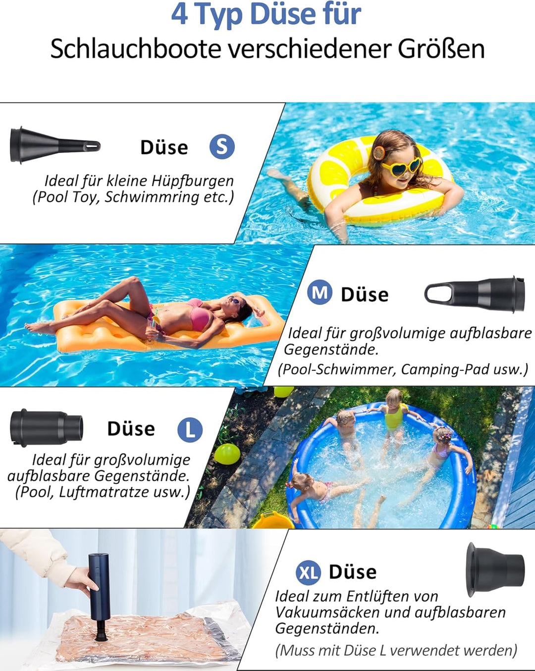 Kabellose Elektrische Luftpumpe mit 2×2000mAh Wiederaufladbarem Akku für Pool, Schlauchboot & Luftma