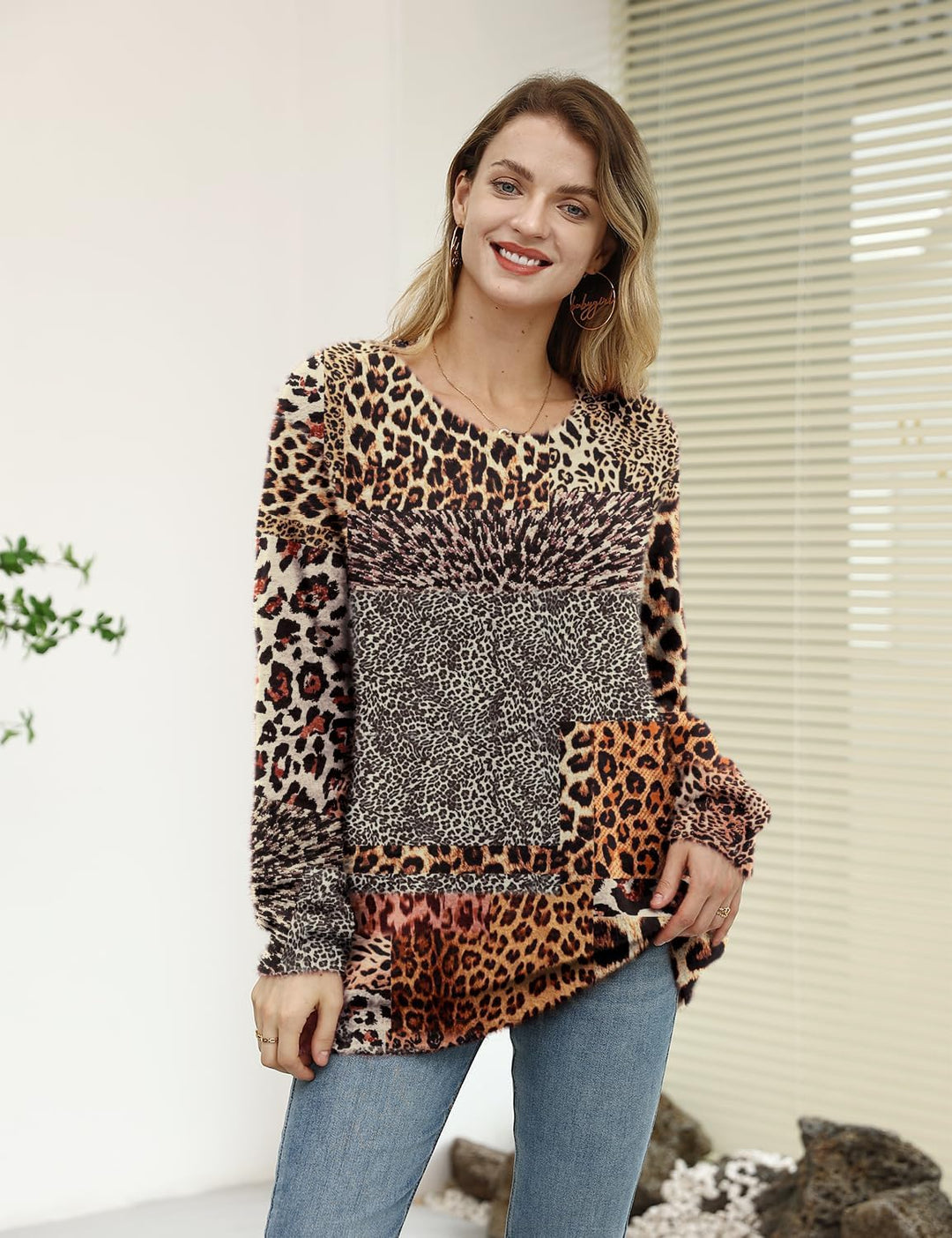Janein Damen Pullover Oversize Lang Strickpullover Herbst Winter Rundhals Sweater mit Blumenmuster W