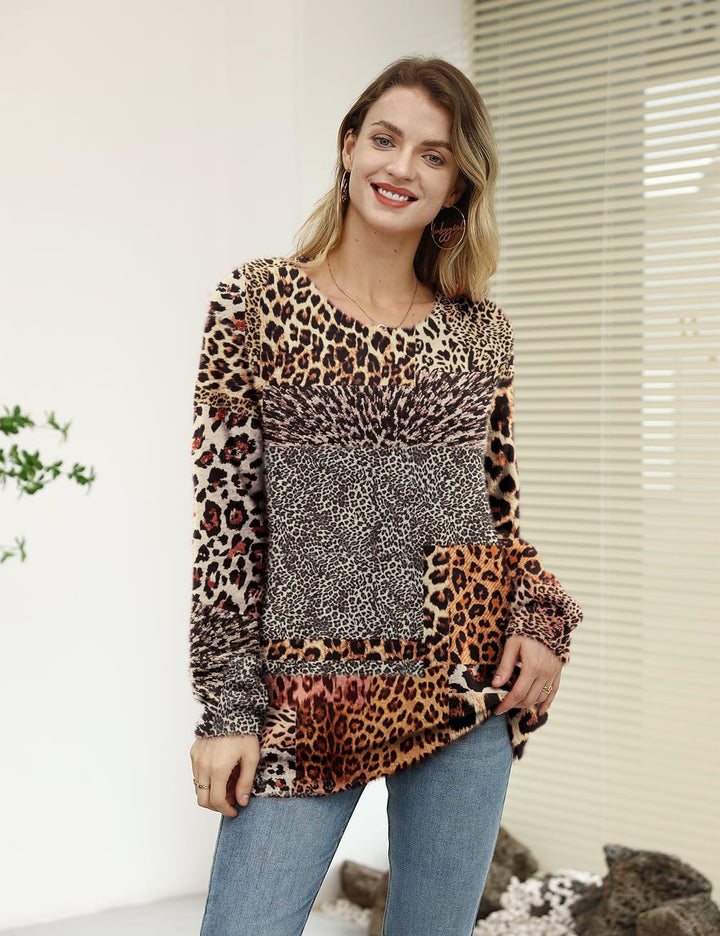 Janein Damen Pullover Oversize Lang Strickpullover Herbst Winter Rundhals Sweater mit Blumenmuster W