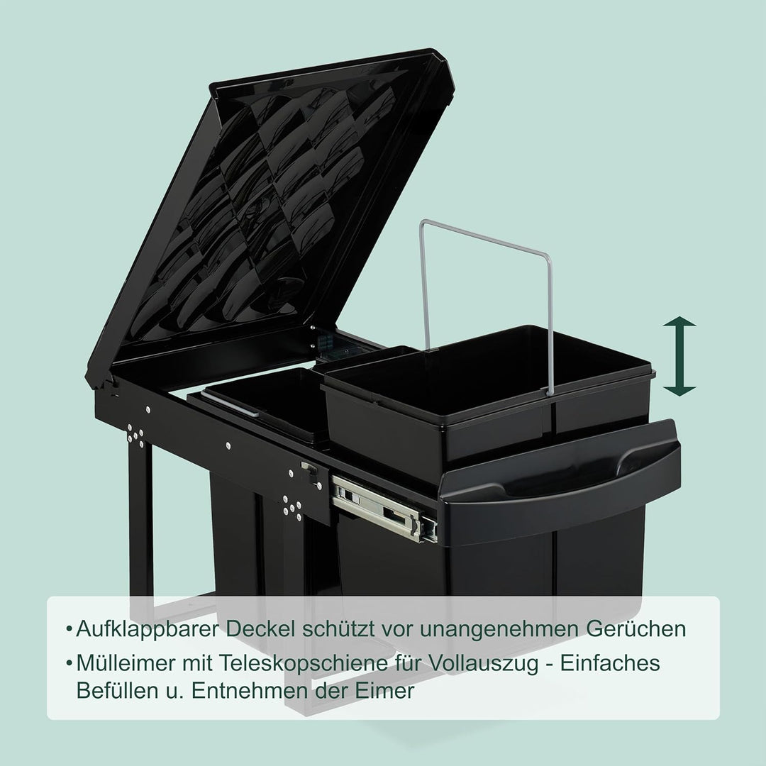 Relaxdays Einbaumülleimer, 3 Fächer, 20l, 2X 10l, HBT: 41,3 x 34 x 51,8 cm, ausziehbar, Müllsystem U