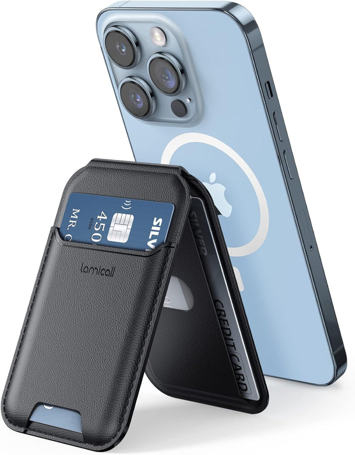 Lamicall Handy Kartenhalter für MagSafe Wallet - 2024 Vegan Leder Magnetischer Verstellbare Ständer,