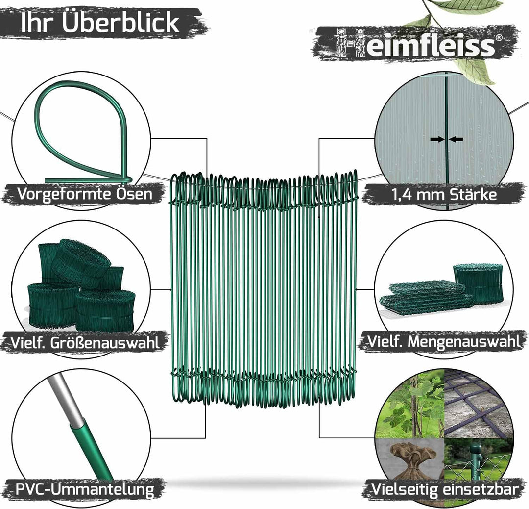 Heimfleiss® Rödeldraht Bindedraht ummantelt in grün 1,4 x 100 bis 300 mm (1000 Stk.) - rostfreier &