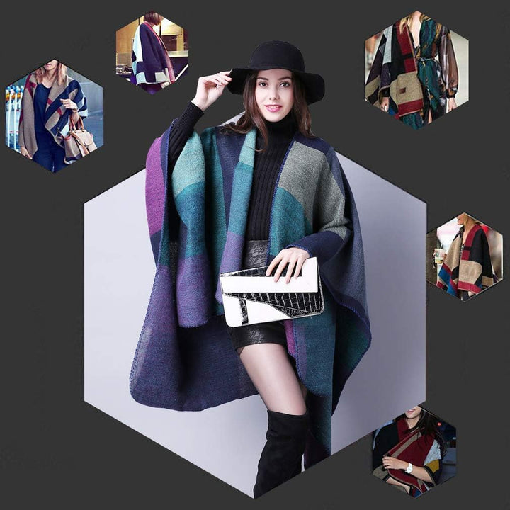 Lifetooler Frauen Poncho Damen Open Front Winterstrickjacke Lady Wendeumhang Bedruckte übergrosse Um