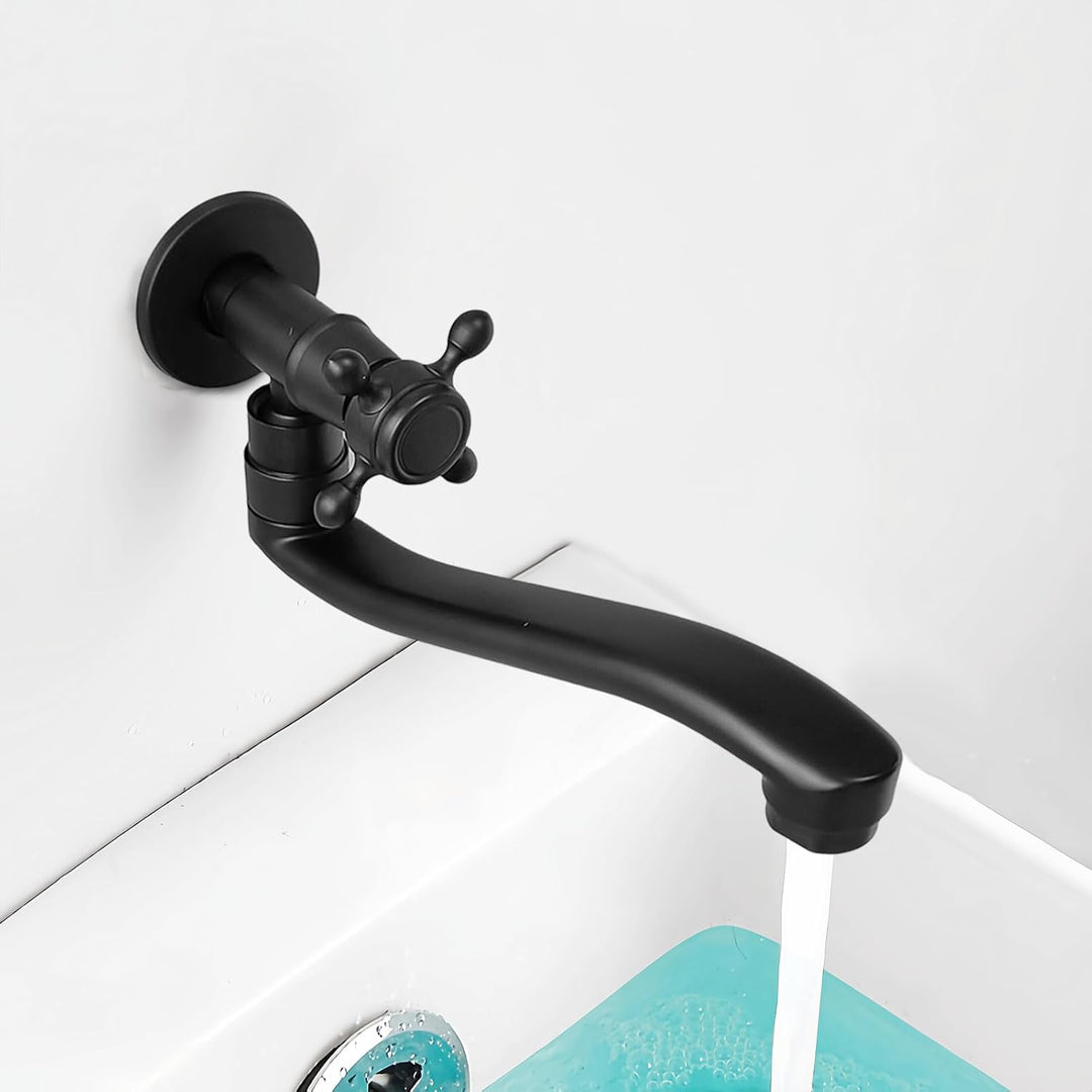 Wandarmatur Kaltwasser Schwarz, Wasserhahn Wandmontage Lang, 360° Drehbar Wasserhahn Garten Wand, Wa