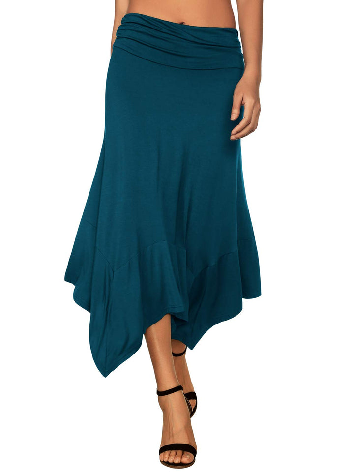 DJT Damen Elegant Elastisch Taille Rock A-Linie Faltenrock Midi Rock mit Taschentuch Saum L Blaugrün