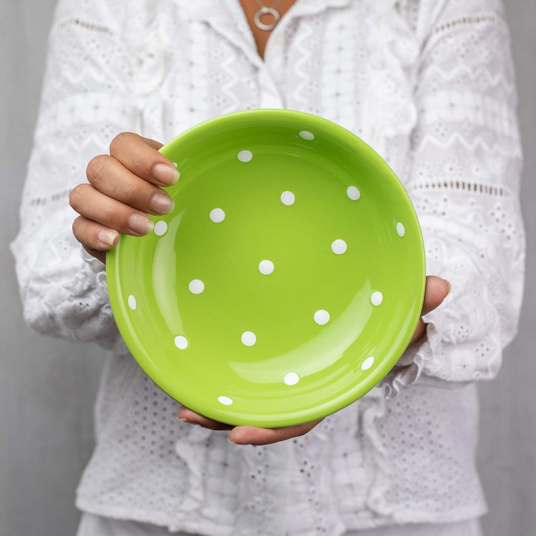City to Cottage® - Keramik Suppenteller 18.5 cm | Grün und Weiss | Polka Dots | Handgemacht | Kerami