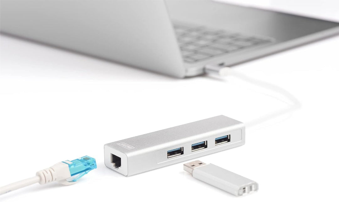 DIGITUS USB 3.0 Typ C 3-Port Hub mit Gigabit Ethernet Adapter, 3x USB A, 1x RJ45 LAN, Silber USB 3.0